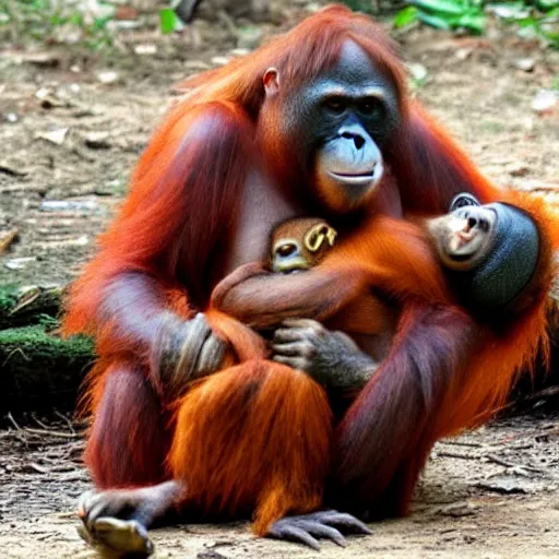 Prompt: an orangutan giving a hug to a racoon