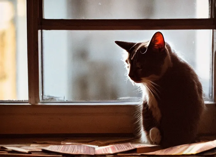 Image similar to photography of a Cat . watching outside the window. on a bed. in a 70's room full of vinyls and posters, photorealistic, award winning photo, 100mm, sharp, high res