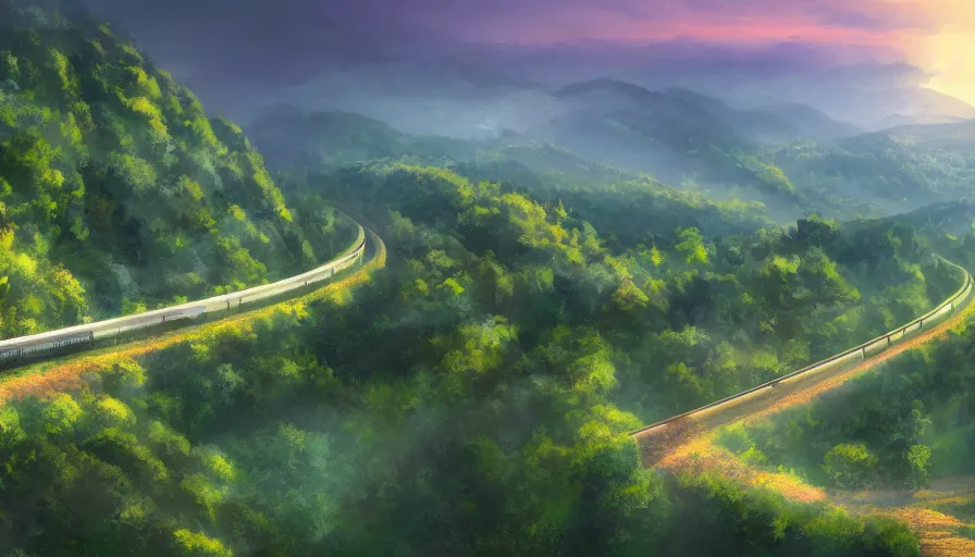 Image similar to panorama train line through valley, green hills, matte painting, artstation, sunrise, blue sky