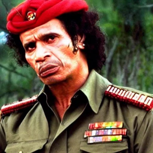 Image similar to A still of Muammar Gaddafi as Rambo in Rambo First Blood (1982)