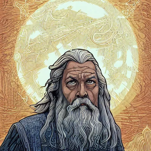 Prompt: Gandalf pondering his orb by Dan Mumford