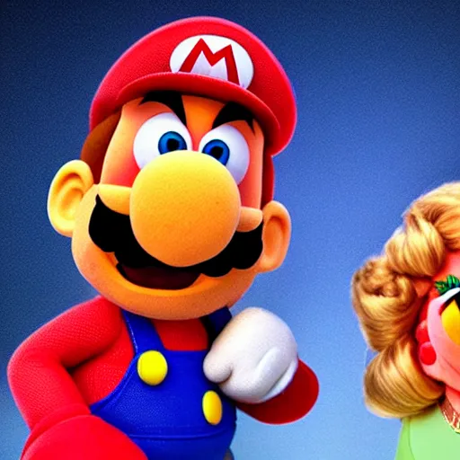 Image similar to A still of Mario and Princess Peach as muppets, photo real, photographic, photograph, artstation, trending, award winning, epic lighting, featured