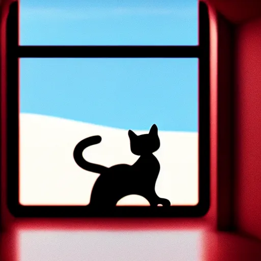 Image similar to cat watching martian landscape, standing inside a futuristic window, next to a food bowl