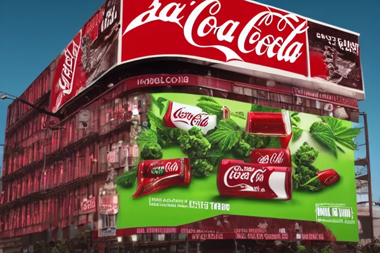 Prompt: magazine advertising of a new Coca-Cola Marijuana flavored, very happy people on the poster, ue4, hyperrealistic, billboard ad, creative advertising