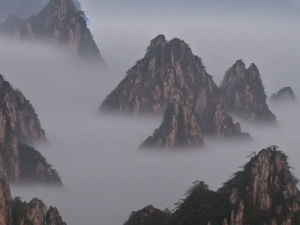 Prompt: chinese shanshui painting of huangshan on a foggy day by shenzhou 沈 周