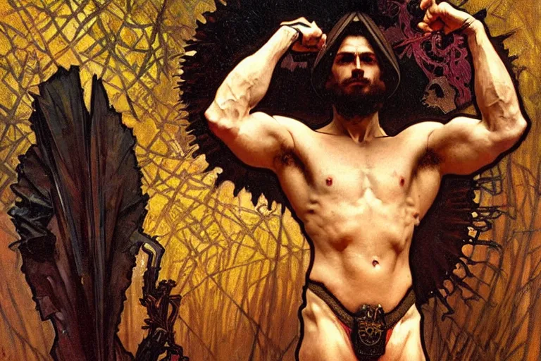 Prompt: a man wearing dark clothes and golden crown, muscular, painting by greg rutkowski and alphonse mucha