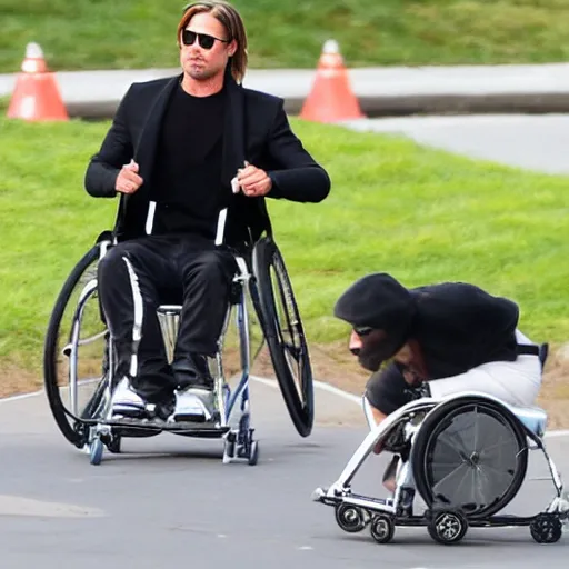 Prompt: brad pitt in a wheelchair, racing