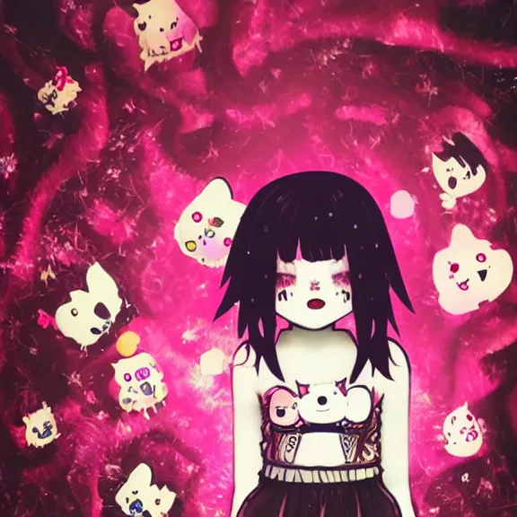 Image similar to photo of a emo manic pixie dream girl, 8k, portrait | sanrio glitchcore yokai girl, shadowverse character concept, found footage horror, glitter gif