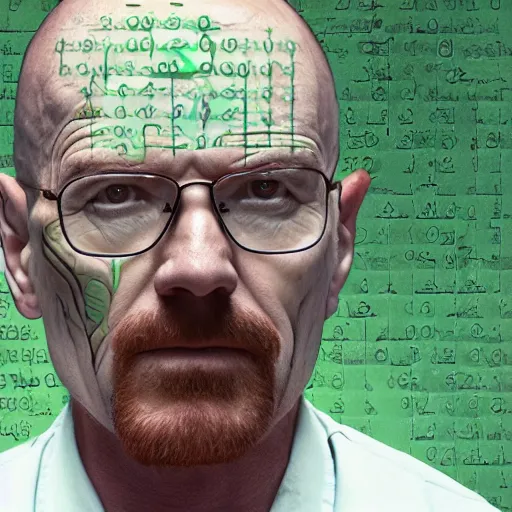 Image similar to close up still of walter white seeing the matrix code, highly detailed face, highly detailed skin, award winning scene, photography, photo, beautiful glitching green matrix code, symmetrical