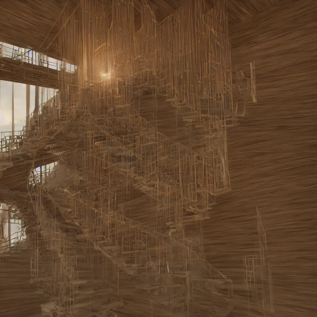 Image similar to a wooden and marble monumental stair tower of light climbing up, designed by japanese architect, highly detailed, 4 k, unreal engine, volumetric lightning, mist, golden goddess athena