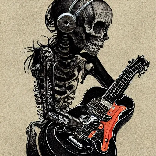 Image similar to skeleton wearing headphones, watching girl playing guitar while her black cat standing next to her, detailed intricate ink illustration, dark atmosphere, detailed illustration, hd, 4k, digital art, overdetailed art, by greg rutkowski, by loish, complementing colors, Trending on artstation