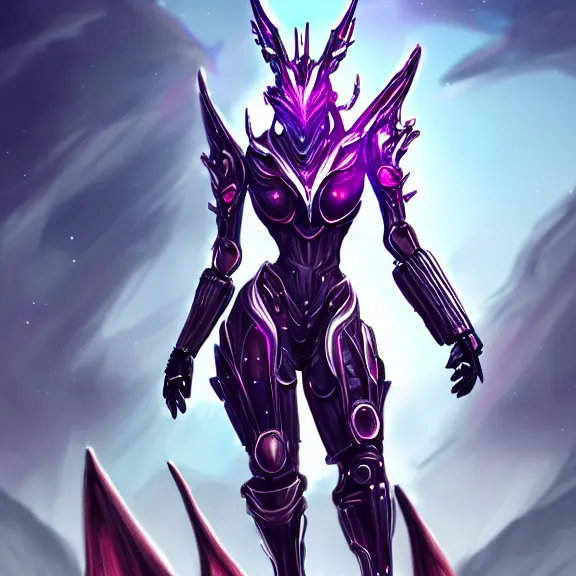 Image similar to extremely detailed fanart of a goddess that's a giant beautiful anthropomorphic robot female dragon, standing majestically over mountains, elegant pose, shiny silver metal armor, fuchsia skin below the armor, sharp metal claws, warframe fanart, high quality digital art, furry art, furaffinity, DeviantArt, 8k HD