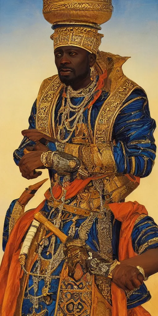 Image similar to a stunning and noble highly detailed romantic period style portrait of Mansa Musa by Josep Tapiró Baró, trending on artstation, oil painting masterpiece, symmetry, African iconography