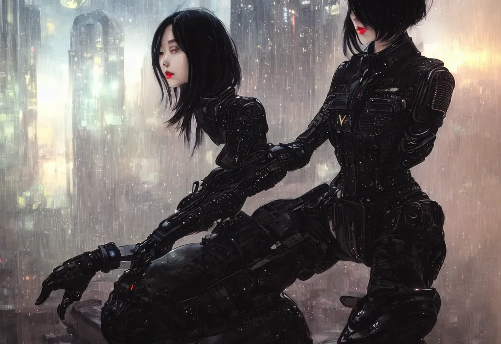 Image similar to portrait dilireba + black hair of futuristic female police, black armored uniform, at rooftop futuristic colorpunk tokyo rainy night, ssci - fi and fantasy, intricate and very very very beautiful, highly detailed, digital painting, artstation, concept art, smooth and sharp focus, illustration, art by tian zi and wlop and alphonse mucha