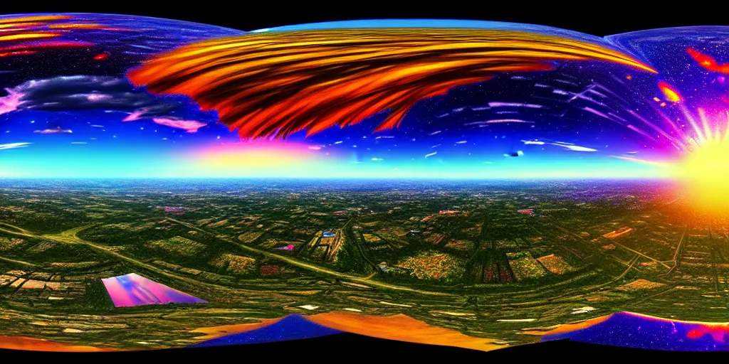 Image similar to equirectangular panorama landscape multiverse, trending on artstation, cinematic composition, beautiful lighting, hyper detailed, 8 k, oil on canvas