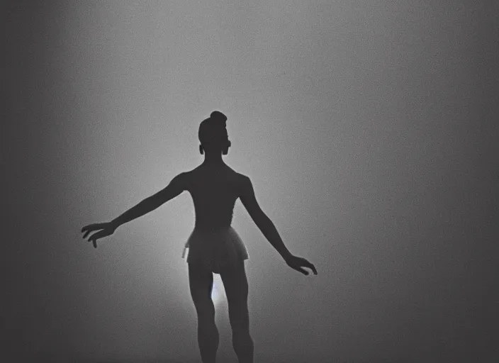 Image similar to a 3 5 mm photo from the back of a ballet dancer in the spotlight on stage in silhouette in the 1 9 6 0 s, bokeh, canon 5 0 mm, cinematic lighting, dramatic, film, photography, golden hour, depth of field, award - winning, 3 5 mm film grain