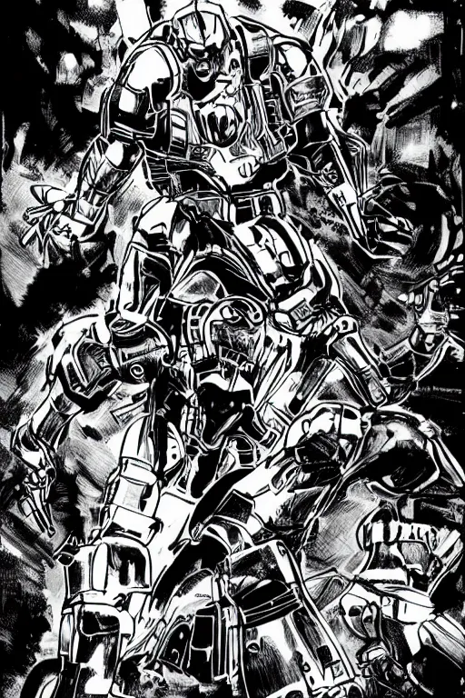 Image similar to ultron, a page from cyberpunk 2 0 2 0, style of paolo parente, style of mike jackson, 1 9 9 0 s comic book style, white background, ink drawing, black and white