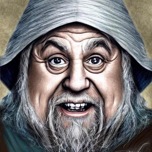 Image similar to danny devito as gandalf, deviantart, smile, ultra realistic illustration, final fantasy, high quality, full color, full body