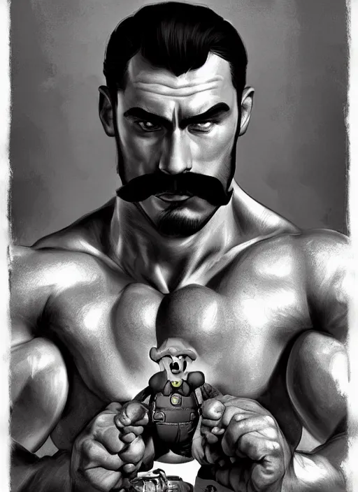 Image similar to gigachad luigi holding a bomb by ilya kuvshinov, bodybuilder ernest khalimov, super mario bros symmetrical face concept art, hyper realistic, intricate, elegent, highly detailed, digital painting, concept art, smooth, sharp, focus, illustration, art by artgerm and greg rutkowski and alphonse mucha, artstation