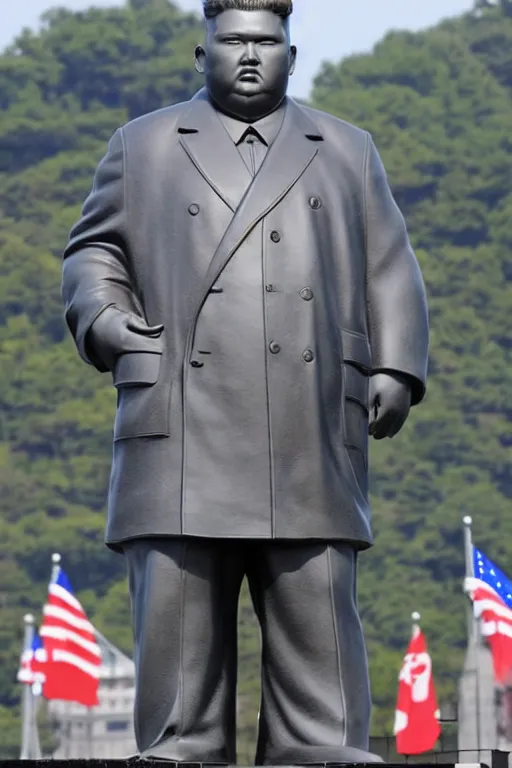 Image similar to a gigantic statue of kim jong un standing instead of state of liberty, excited americans, symmetry, awesome exposition, very detailed, highly accurate, 8 k