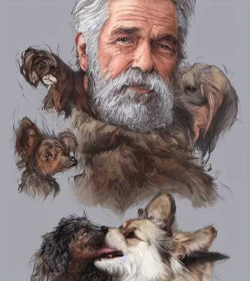 Image similar to full portrait of a old, ruggedly handsome bearded man petting a corgi dog, soft hair, muscular, half body, cloth, d & d, fantasy, intricate, elegant, highly detailed, digital painting, artstation, concept art, smooth, sharp focus, illustration, art by artgerm and greg rutkowski and alphonse mucha