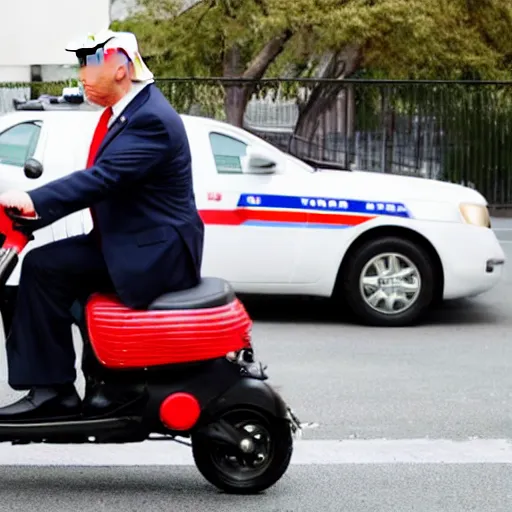 Image similar to donald trump riding a toy scooter away from police cars