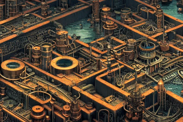 Image similar to an elaborate penned illustration of a apocalyptic intricate connected city of tubes and pipes, muted colors, copper pipers, by jan van haasteren and jheronimus bosch, unreal engine, physically based rendering, ariel view, tilt - shift, grim, moody, shiny, industrial, water, smoke, reflective, cinematic, isometric