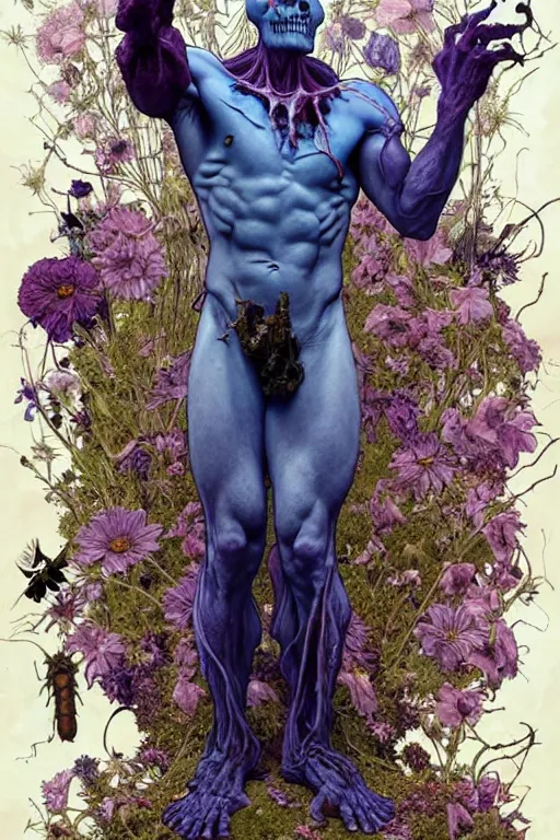 Image similar to the platonic ideal of flowers, rotting, insects, mushrooms and praying of cletus kasady ultimate carnage thanos dementor doctor manhattan chtulu nazgul davinci dalhi, detailed, intricate, hyperrealism, intense, scary, decay, dmt, art by brock hofer and artgerm and greg rutkowski and alphonse mucha