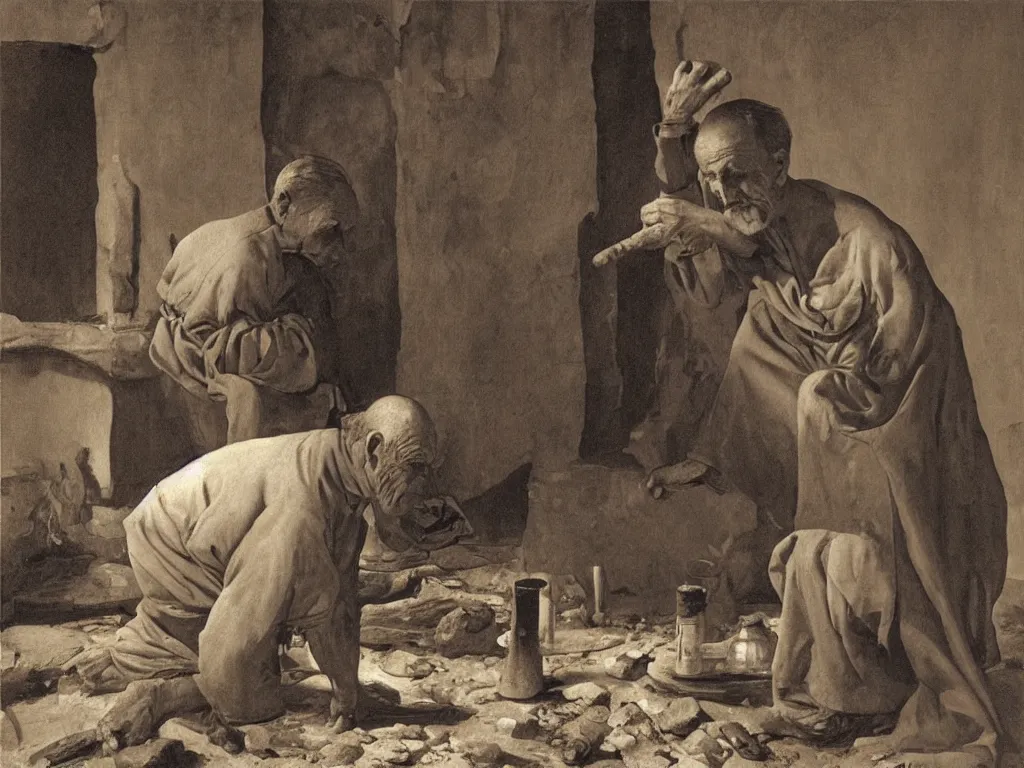 Image similar to Old man heating his hands at a fire. Painting by Georges de la Tour, Roger Ballen