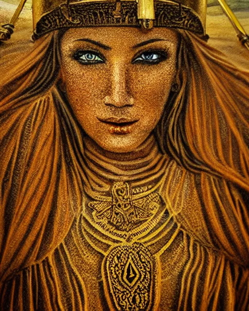 Prompt: sand painting portrait of woman in shining golden armor, high production value, intricate details, high resolution, hdr, high definition, masterpiece, realistic, ultrarealistic, highly detailed, hd, sharp focus, non blurry, sharp, smooth