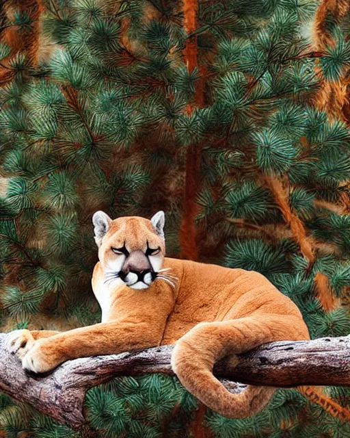 Prompt: ripped up apostcard showing 'a cougar sleeping in the middle of snowy pine tree' laying on coffee table, zoomed out shot, HD, iphone capture