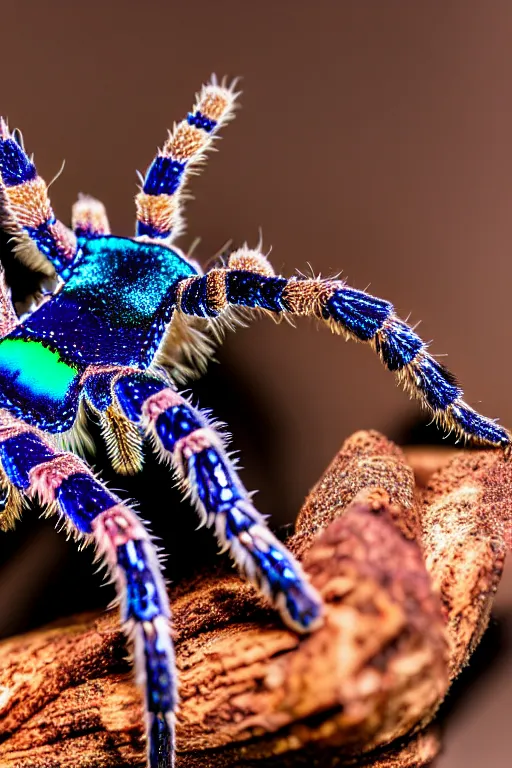 Image similar to high quality macro photo iridescent tarantula! jewelled supercute! highly detailed david ligare elson peter cinematic blue lighting high quality low angle hd 8k sharp shallow depth of field