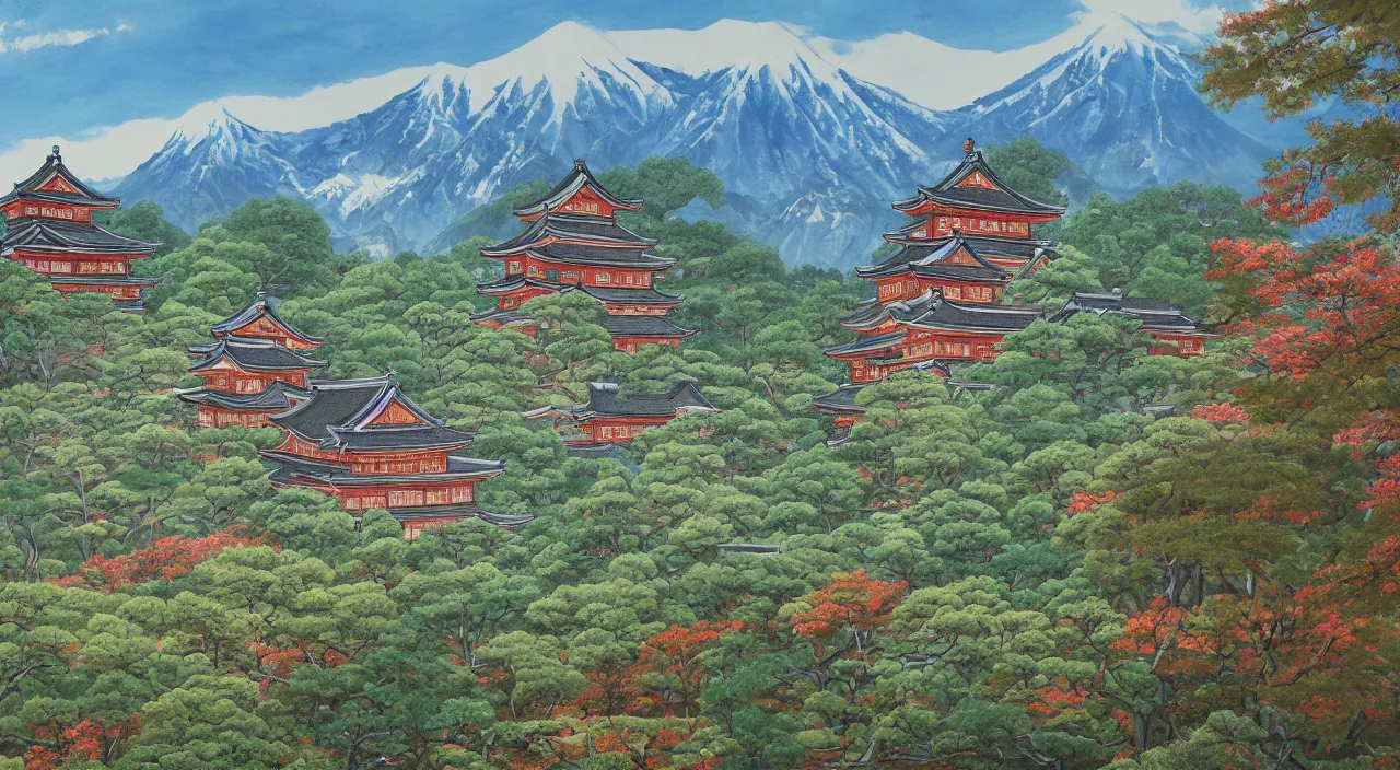 Image similar to a beautiful painting of a singular Japanese castle, with a garden as foreground, with mountains as background, trending on artstation