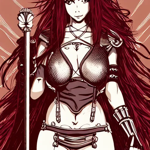 Prompt: precisely drawn illustration of anime red sonja, old-fashioned tarot card, victorian playing card, sepia tone, wide angle, sharp, fine details, anime, manga, cyberpunk, intense line art, 8k, precise linework, realistic, shaded lighting by katsuhiro otomo ghost-in-the-shell, magali villeneuve, artgerm, rutkowski Jeremy Lipkin and Giuseppe Dangelico Pino and Michael Garmash and Rob Rey
