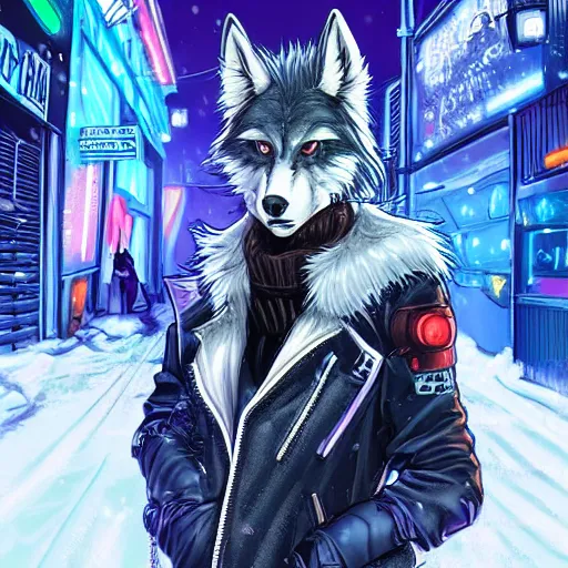 Prompt: beautiful furry art portrait commission of an androgynous furry anthro wolf fursona wearing punk clothes in the streets of a cyberpunk city at night in the snow. neon signs. character design by rick griffin, miles df, smileeeeeee, charlie bowater, ross tran, detailed, inked, western comic book art