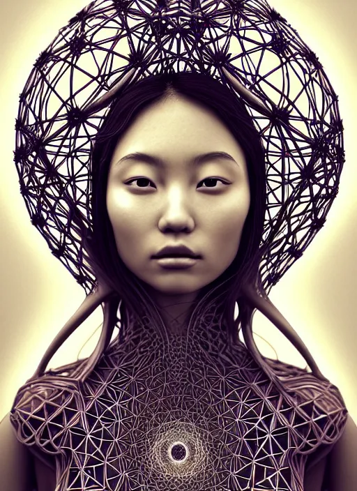 Prompt: ridiculously beautiful young asian woman thinking by irakli nadar, several layers of intricate sacred geometry, orgasm, cosmic, natural, awakening, symmetrical, in the style of ernst haeckel and alex grey, geodesic lattice, warm, photo realistic, epic and cinematic