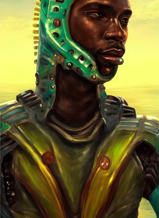Image similar to portrait of a jamaican fisherman sci - fi armor muscular cyberpunk intricate elegant highly detailed digital painting artstation concept art