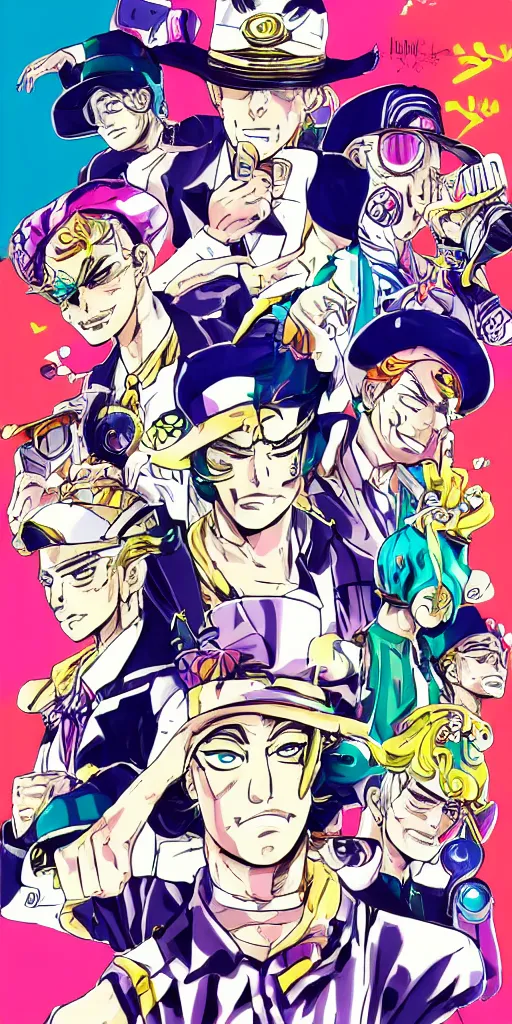 Prompt: Emporio Alnino anime art, Jojo's Bizarre Adventure style, vibrant colors, clean colors, detailed, clean outline, white background