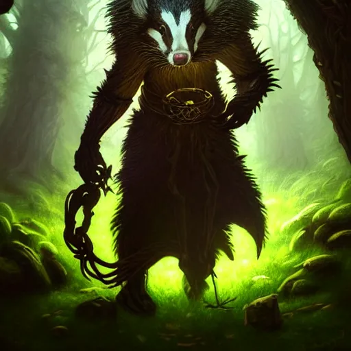 Image similar to Badger nature mage, portrait, forest, magic, magic the gathering artwork, D&D, fantasy, cinematic lighting, centered, symmetrical, highly detailed, digital painting, artstation, concept art, smooth, sharp focus, illustration, volumetric lighting, epic Composition, 8k, art by Akihiko Yoshida and Greg Rutkowski and Craig Mullins, oil painting, cgsociety