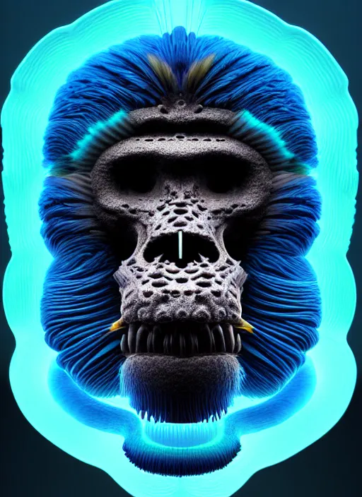 Image similar to 3 d ape shaman profile portrait, sigma 5 0 0 mm f / 5. beautiful intricate highly detailed quetzalcoatl skull and feathers. bioluminescent, plasma, lava, ice, water, wind, creature, thunderstorm! artwork by tooth wu and wlop and beeple and greg rutkowski, 8 k trending on artstation,