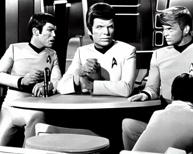 Image similar to tv still, star trek, captain kirk and doctor mccoy drunk, sitting at the bar, 1968, cdx