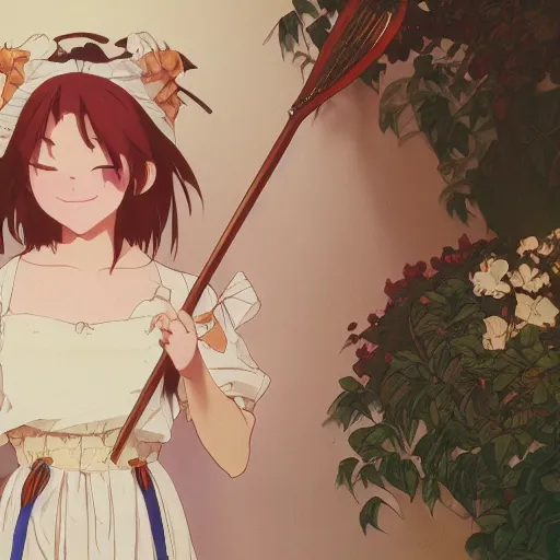 Image similar to a maid girl winking, film still, studio portrait, high quality, wlop, greg rutkowski, alphonse mucha, makoto shinkai, studio ghibli, highly detailed, 4 k