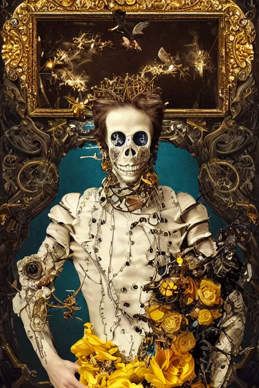 Image similar to full-body baroque and cyberpunk style sculpture of a young handsome Spanish prince half android with a chest opening exposing circuitry and electric sparks, glowing yellow laser eyes, crown of yellow roses, flowing teal-colored silk, fabric, flowers. baroque elements, human skull. full-length view. baroque element. intricate artwork by caravaggio. many many birds birds on background. Trending on artstation, octane render, cinematic lighting from the right, hyper realism, octane render, 8k, depth of field, 3D