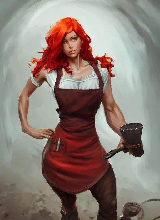 Image similar to a highly detailed illustration of fierce red haired blacksmith woman wearing apron, muscular, dramatic smile pose, intricate, elegant, highly detailed, centered, digital painting, artstation, concept art, smooth, sharp focus, league of legends concept art, wlop.