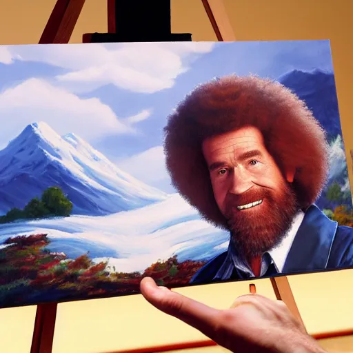 Image similar to a closeup photorealistic photograph of bob ross working on a canvas painting sonic the hedgehog. film still. brightly lit scene. mountain scape. this 4 k hd image is trending on artstation, featured on behance, well - rendered, extra crisp, features intricate detail, epic composition and the style of unreal engine.