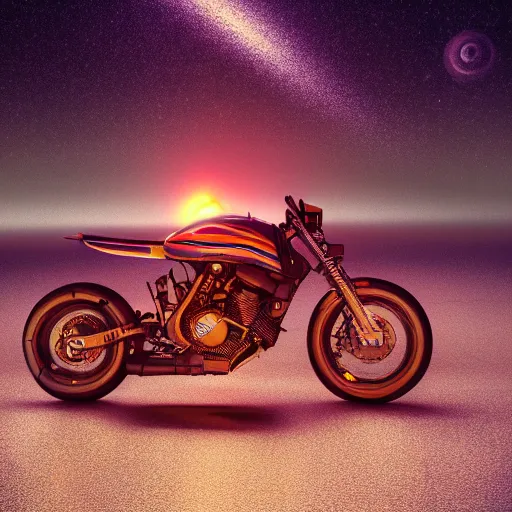 Image similar to a motorcycle floating in space inside magic colorful glowing fog, tilted camera, starry sky, tranquil, desolate, atmospheric, hazy, autochrome, 8k, octane render, unreal engine 5