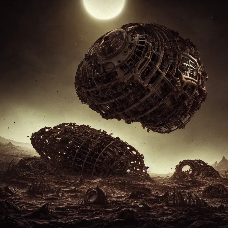 Prompt: ribbed abandoned biomechanical organic crashed spaceship on exoplanet in a desolate empty wasteland, covered with organic flesh, meat, creepy, nightmare, dream-like heavy atmosphere, surreal abandoned buildings, baroque painting, beautiful detailed intricate insanely detailed octane render trending on Artstation, 8K artistic photography, photorealistic, chiaroscuro, cinematic volumetric light, Raphael, Caravaggio, Beksinski, Giger