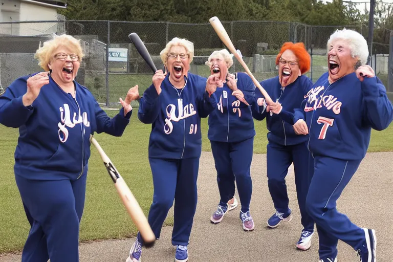 Prompt: a gang of old ladies waving baseball bats and wearing track suits laughing maniacally and screaming