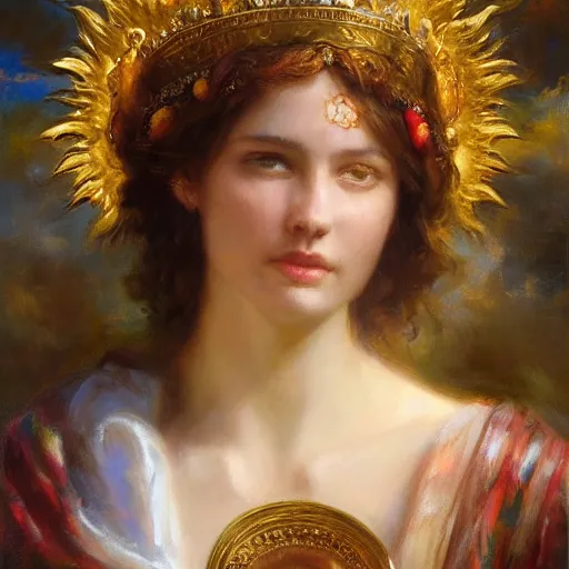 Image similar to a beautiful portrait of a sun goddess with a golden crown, sunlight beams, god rays, volumetric lighting, by daniel gerhartz, detailed, 8 k