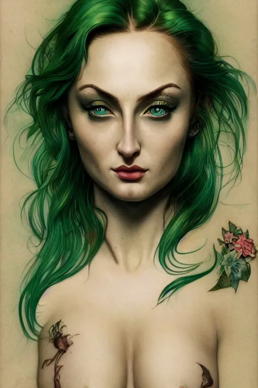 Image similar to upper body portrait shot of green hair tattooed pinup sophie turner, masterpiece, intricate, elegant, highly detailed, digital painting, artstation, concept art, smooth, sharp focus, illustration, art by artgerm and greg rutkowski and alphonse mucha and uang guangjian and gil elvgren and sachin teng, symmetry!!